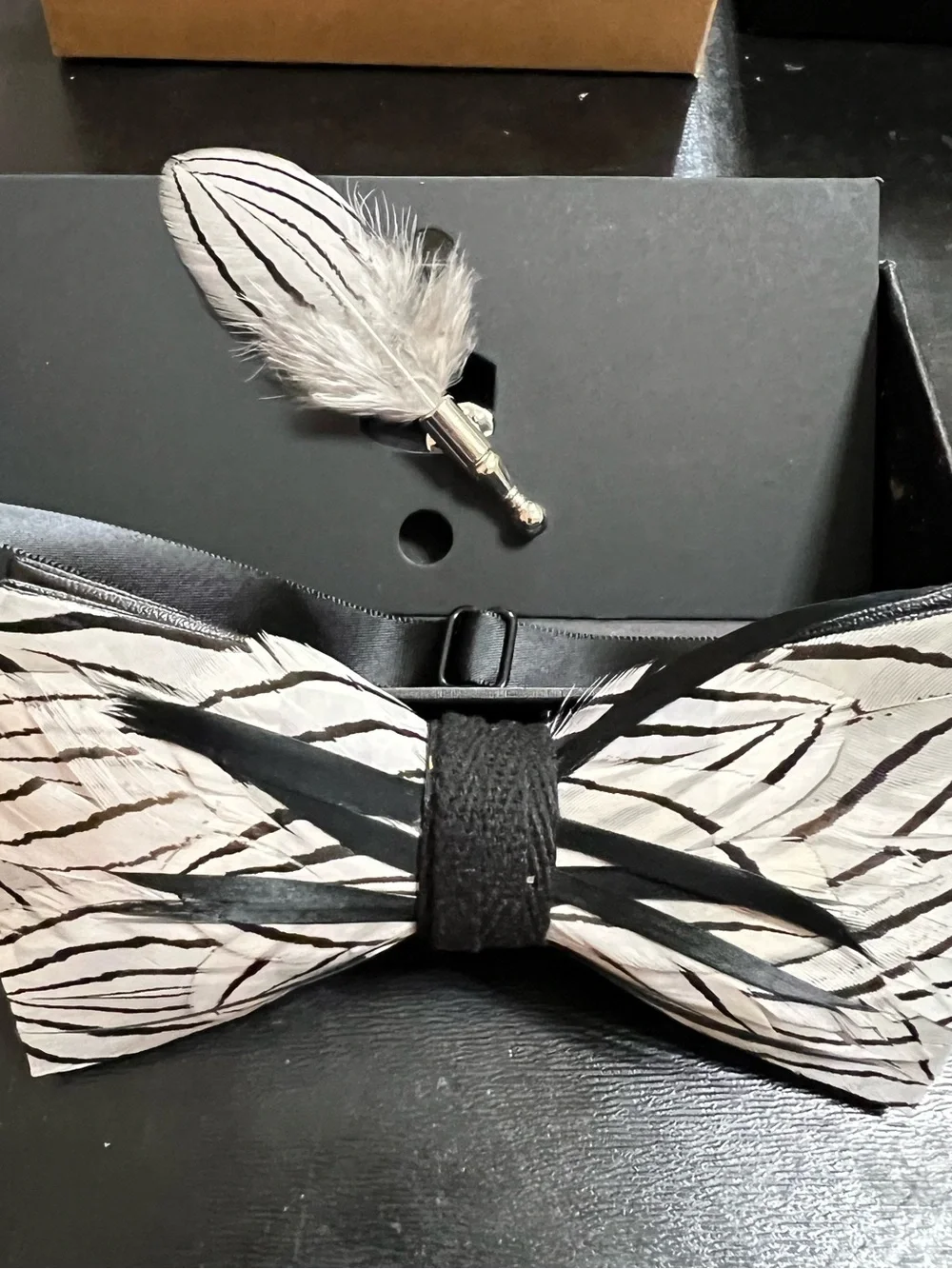Feather-Pattern Bow Tie with Lapel Pin - Black & White